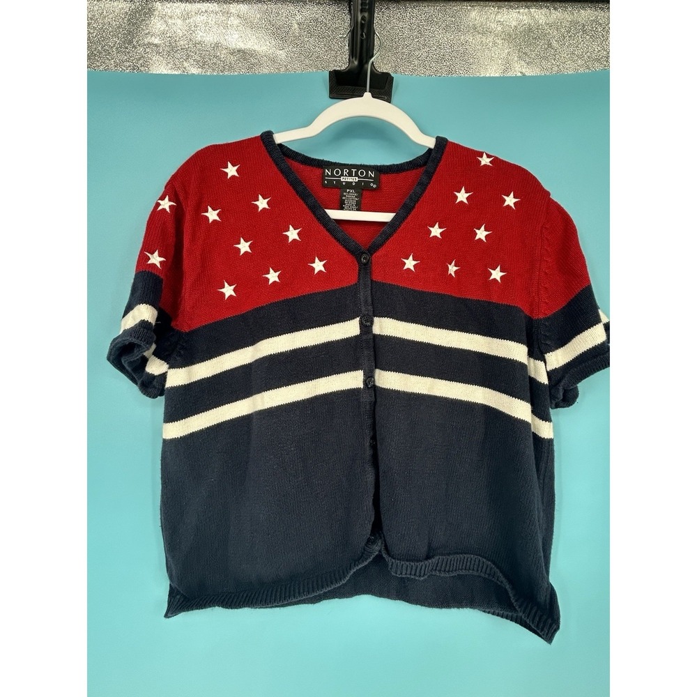Vintage Norton Studio American Flag Novelty Print Short Sleeve Cardigan PXL‎